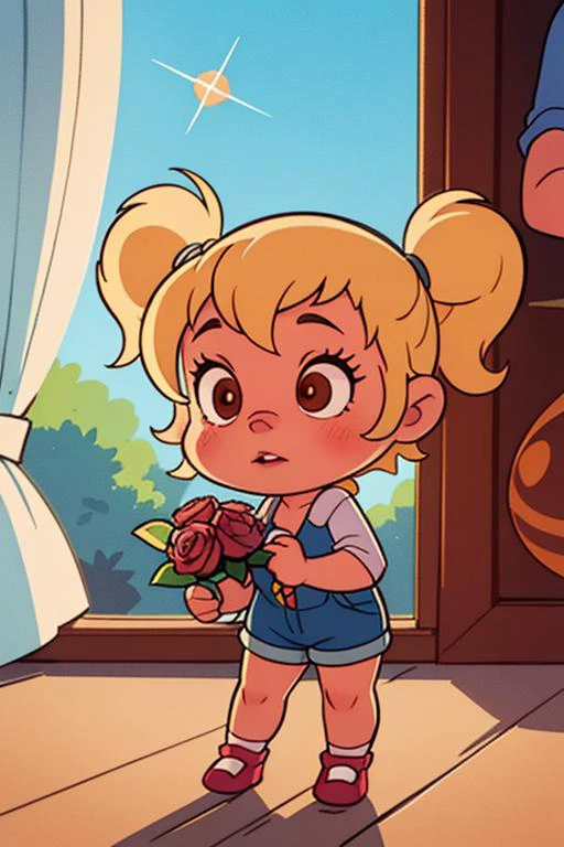 1girl, blonde hair, chipette, eleanor miller, short hair, short twintails, shorts, twintails, Standing near an open window, she delicately holds a bouquet of roses, her eyes sparkling <lora:eleanor:.8> highly detailed, artstation, concept art, sharp focus, illustration, masterpiece