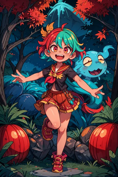 ((best quality, masterpiece)),  ((style-swirlmagic):0.5),
 epic, illustration, welcoming, 1girl, smiling, open mouth, druid, black shirt, red skirt,[cyan hair|purple hair],  ((muted multicolor  hair)), Topsy Tail,curly hair, in front of a autumn, glowing school, standing on one leg,
 <lora:EnvyCuteMix08:0.7>,
 <lora:more_details:0.5> ,
 <lora:LowRA:1>