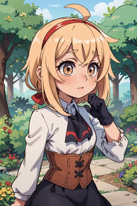 1girl, (masterpiece:1.3), (high resolution), (8K), (extremely detailed), (4k), (pixiv), perfect face, nice eyes and face, (best quality), (super detailed), detailed face and eyes, (solo), textured skin, absurdres, highres, <lora:more_details:0.5>, <lora:alyssa-09:0.7>, alyssawz, orange eyes, black gloves, very long hair, blonde hair, red hairband, black skirt, white shirt, long sleeves, white ascot, ahoge, corset, frills , hair ribbon, garden, cute pose, dynamic angle