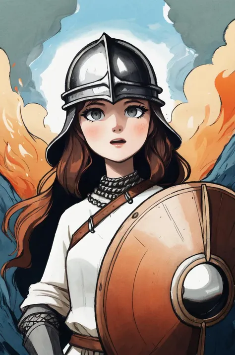 kkw-ph1, a warrior queen, 1girl, grey eyes, very long hair, viking, flaming eye, distinguished, GS-Womanly
BREAK
<lora:Medieval_Armor:0.85> chainmail, tunic, helmet, shield