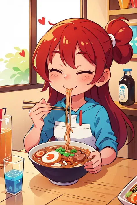 (masterpiece, best quality),
1girl, solo, cute face, kawaii,
ramen, chopsticks, drinking glass,
eating,
heart, happy, closed eyes, closed mouth,
<lora:ramen_v1.4:1>,
kitchen,
