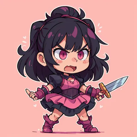 ((best quality, masterpiece)),   die-cut sticker, [(simple background:1.3),::5], (solid outline:1.4),
1girl, power pose, angry, open mouth, black and pink gothic ((kawaii)) armor, frills, pink messy hair, sword,
<lora:easy_sticker:0.2> , <lyco:Qtea_add_sugar:0.3>