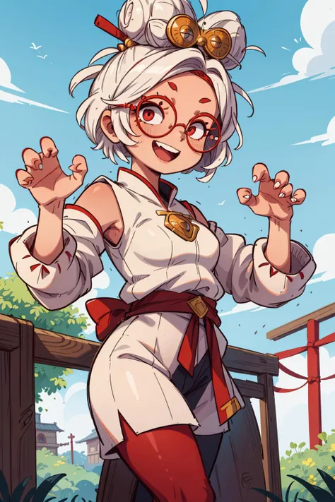 ((best quality, masterpiece)),
purah, ((claw pose):1.3), red glasses, white hair, hair ornament, hair stick, red headband, white shirt, bare shoulders, white jacket, black skirt, orange leggings, standing, smiling, open mouth, waving, field, fence, sky, pagoda <lora:purah-nvwls-v3-2:0.8>
<lora:more_details:0.5>