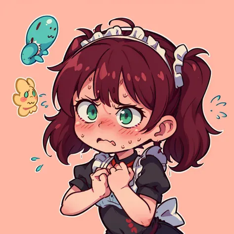 ((best quality, masterpiece)),    [(simple background:1.3),::5], ((die-cut sticker):1.1), (solid outline:1.2),
1girl, maid, black maid uniform, red hair, twintails, green eyes,((upset, flustered, flying sweatdrops, head down):1.3), ((blush):1.1),
<lora:easy_sticker:0.5> , <lyco:Qtea_add_sugar:0.2>