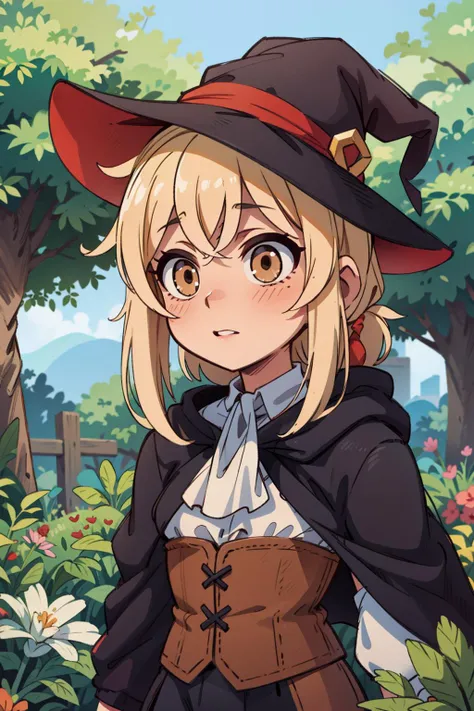 1girl, (masterpiece:1.3), (high resolution), (8K), (extremely detailed), (4k), (pixiv), perfect face, nice eyes and face, (best quality), (super detailed), detailed face and eyes, (solo), textured skin, absurdres, highres, <lora:more_details:0.5>, <lora:alyssa-09:0.7>, alyssawz, orange eyes, black gloves, very long hair, blonde hair, red hairband, black skirt, white shirt, long sleeves, white ascot, ahoge, corset, frills , hair ribbon, witch hat, hat flower, black cloak, garden, cute pose, dynamic angle