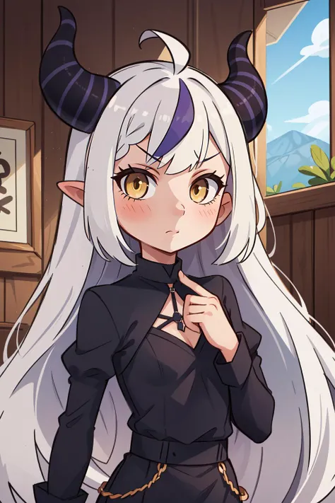 (masterpiece, best quality), intricate details,
1girl, <lyco:KitsuneAi-Laplus-LoCon32V2-000009:0.8> la+ darknesss, long white hair, horns, yellow eyes,