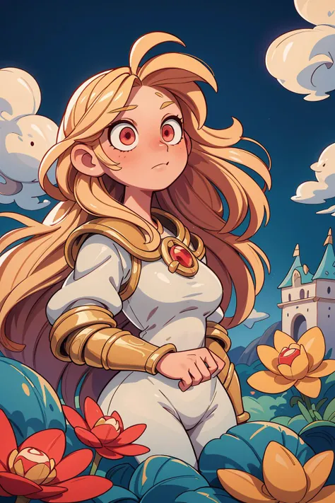 ((best quality, masterpiece)), ((style-swirlmagic):0.3)
1girl, white and gold armor, blonde long wavy hair, flowers, red eyes, outdoor, clouds on background,fantasy, medieval, castle on background
<lora:more_details:0.5> <lora:3DMM_V7:1>