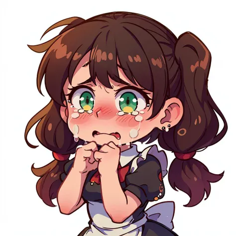 ((best quality, masterpiece)),    [(simple background:1.3),::5], ((die-cut sticker):1.1), (solid outline:1.2),
chibi, 1girl, maid, black maid uniform, brown twintails, green eyes , ((crying , tears, embarrassed, blush):1.1), 
<lora:easy_sticker:0.5> , <lyco:Qtea_add_sugar:0.2>