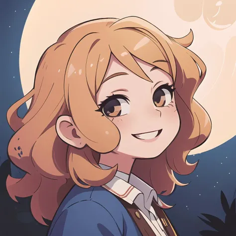 1girl, portrait, smiling, moon in the sky, (cinematic, best quality, fine details), curly blond hair
