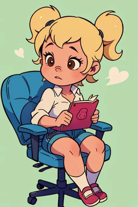 1girl, blonde hair, chipette, eleanor miller, short hair, short twintails, shorts, twintails, sitting on office chair<lora:eleanor:.8> highly detailed, artstation, concept art, sharp focus, illustration, masterpiece