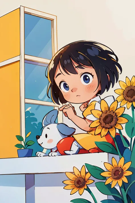 massey, lineart, white background,illustration, cute, 2d, 1girl, solo, short hair, white background, flower, window, bug, plant, spot color, dog, yellow flower,
<lora:janemassey-04:0.7>