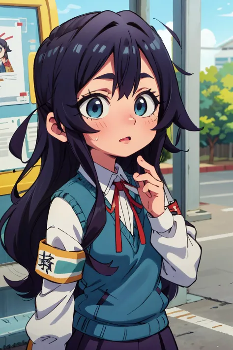 <lora:more_details:0.5>, <lora:shizuka-nano-09:0.7>, shizuka_wz, long hair, dark blue hair, blue eyes, neck ribbon, red ribbon, white shirt, black skirt, long sleeves, school uniform, armband, sweater vest, bus stop, looking at another, dynamic angle, 1girl, (masterpiece:1.3), (high resolution), (8K), (extremely detailed), (4k), (pixiv), perfect face, nice eyes and face, (best quality), (super detailed), detailed face and eyes, (solo), textured skin, absurdres, highres