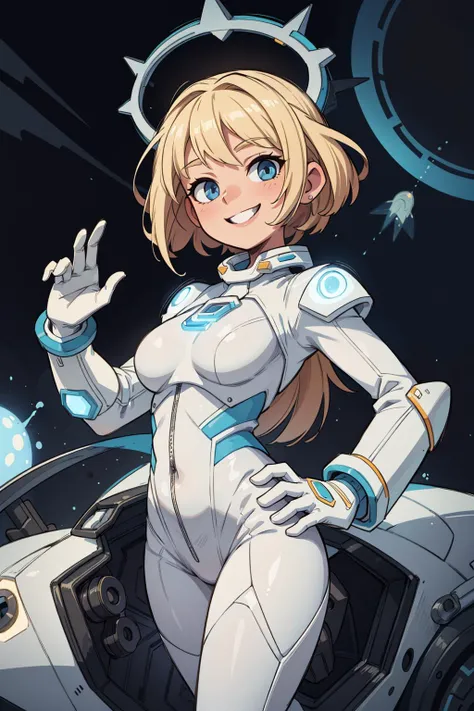 ((best quality, masterpiece)), ((style-swirlmagic):0.3),
((white leather futuristic spacesuit)),pink neon lit, (smiling), open mouth, 1girl, blonde hair, wavy hair, (cameltoe), a white parts of mechanical female, looking at viewer, soft colors, black background, <lora:more_details:0.5> , <lora:LowRA:0.5>