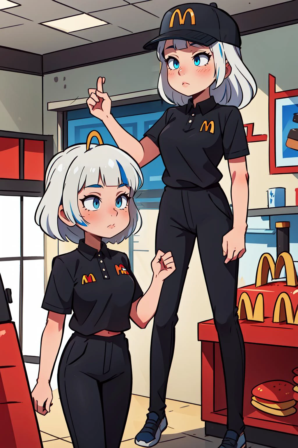 (masterpiece, best quality), intricate details,
1girl, <lora:Gawr Gura:0.8> gawr gura, white hair, blue streaked hair, blue eyes,
<lora:McDonaldsUniform:1> McDonaldsUniform, shirt, black shirt, uniform, black pants, pants, cap, mcdonalds,