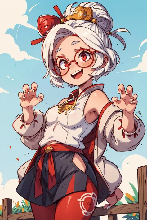 ((best quality, masterpiece)), 
purah, ((claw pose):1.3), red glasses, white hair, hair ornament, hair stick, red headband, white shirt, bare shoulders, white jacket, black skirt, orange leggings, standing, smiling, open mouth, waving, field, fence, sky, pagoda <lora:purah-nvwls-v3-2:0.8>
<lora:more_details:0.5>