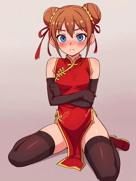 double bun, full body, china dress, side slit, elbow gloves, thighhighs, sitting, wariza, small breasts, solo, embarrassed,, masterpiece,absurdres,highres,best quality,detailed,perfect face,perfect eyes,perfect lighting,