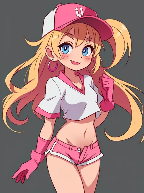 simple background, cowboy shot, standing, pink baseball cap, long hair, streaked hair, blonde hair, large eyes, blue eyes, stud earrings, smile, blush, looking at viewer, crop top, ankle bands, gloves, pink thong, short shorts, navel, stomach, groin, small breasts, collarbone, solo,, masterpiece,absurdres,highres,best quality,detailed,perfect face,perfect eyes,perfect lighting,