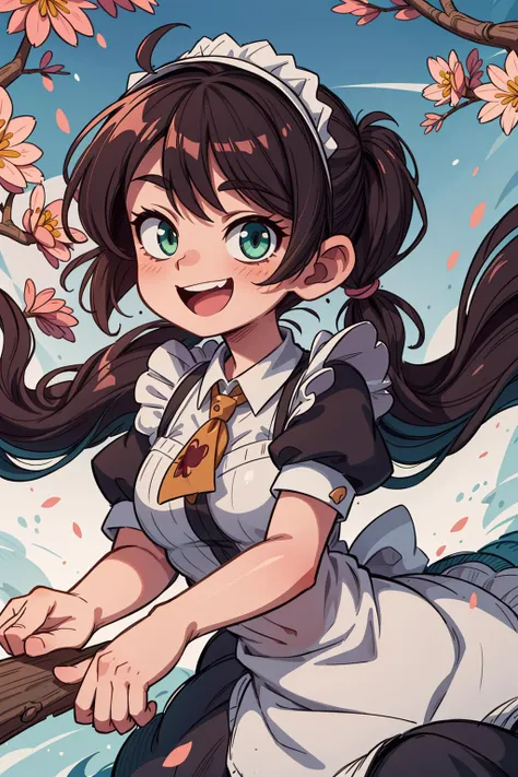 ((best quality, masterpiece)), ((style-swirlmagic):0.4),
1girl, ((maid):1.3), black and white maid uniform, brown twintails, green eyes,cherry blossoms, sunbeam, smiling , open mouth,
<lora:more_details:0.5>,