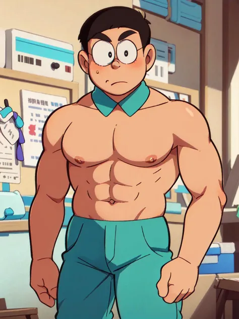 Nobi Nobita,1boy,(Anatomy, Muscle: 1.2),topless male,creativity ,art ,extreme aesthetics,(HDR,8K,2d), <lora:Nobi Nobita:1> (strong, big:1.3)