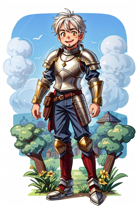 ((best quality, masterpiece)), 1boy, smile, ((mouth closed:1.0)), white hair, short hair, ((white facial hair):1.1), solo, cute, happy, vibrant, colorful, 8k resolution, golden hour, supreme quality, extraordinary creation, unparalleled craftsmanship, dappled light and shade, medieval fantasy, looking at viewer, yellow shining eyes, warrior, wearing heavy silver armor, full plate armor, silver color armor, realistic, medieval fantasy village background, full body,<lora:more_details:1.0>, <lora:LowRA:0.25>,