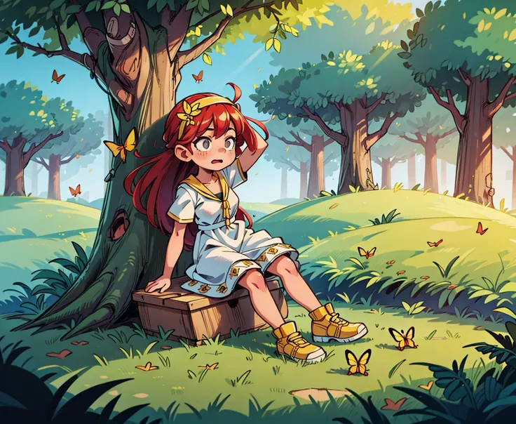 (masterpiece),( high quality), (highres,Highest picture quality), 1girl, (God), white dress, golden application, loose t-shirt, beautiful landscape, fantasy, global illumination, radiant light, detailed and intricate environment, headband, surreal gold butterfly filigree, hand behind head