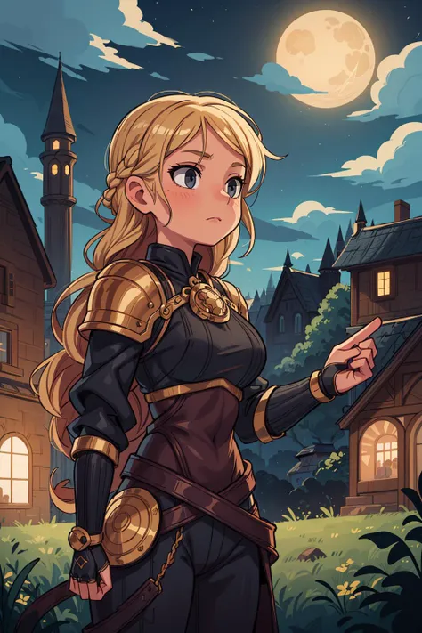 ((best quality, masterpiece)), 
1girl, black and gold armor, blonde braided hair, moon light , ((full moon):0.5),  outdoor, clouds on background,fantasy, medieval, castle on background
<lora:more_details:0.5>