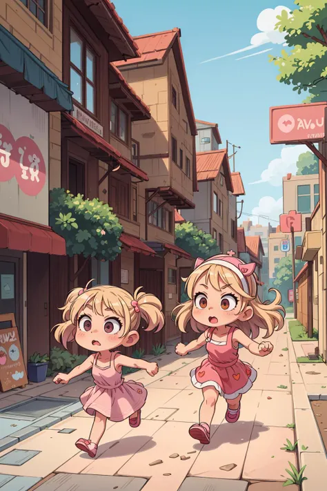 ((best quality, masterpiece)), 
dramatic, 2girls , running, blonde girl and brown hair girl,pink (((kawaii))) sundress, street, crowd, 
<lora:more_details:0.5>