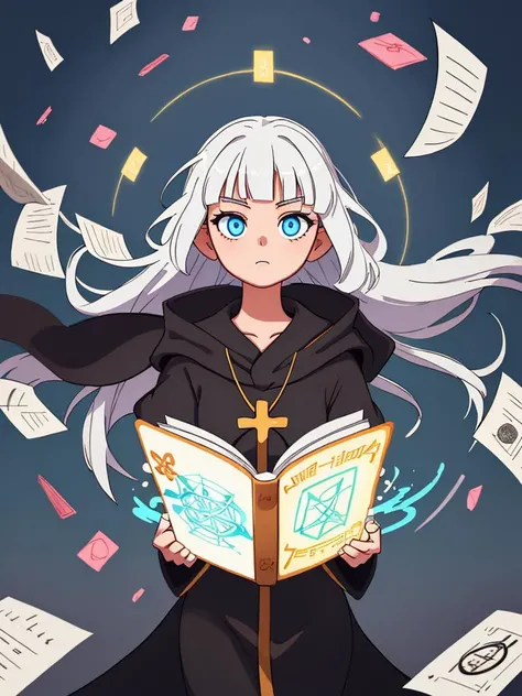 1girl, cowboy shot, priest, black robe, reading book, determined, intricate, elegant, holy, sacred, floating, sacramental, glowing, emanating light, white hair, bangs, long hair, floating symbols, floating papers,, masterpiece,absurdres,highres,best quality,detailed,perfect face,perfect eyes,perfect lighting,