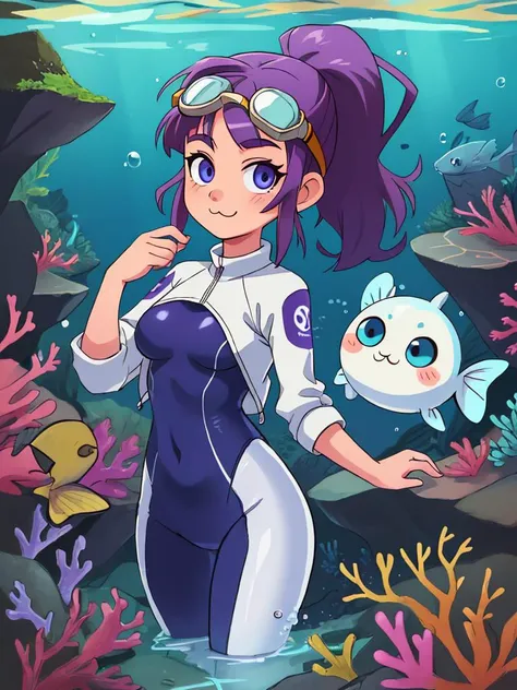 cowboy shot, solo, 1girl, cave, underwater, white bodysuit, swimsuit, snorkel, air bubble, wearing swim goggles, looking at viewer, parted bangs, ponytail, purple hair, portal, groin, impossible clothes, skin tight, fish, coral, :3, arrogant,, masterpiece,absurdres,highres,best quality,detailed,perfect face,perfect eyes,perfect lighting,