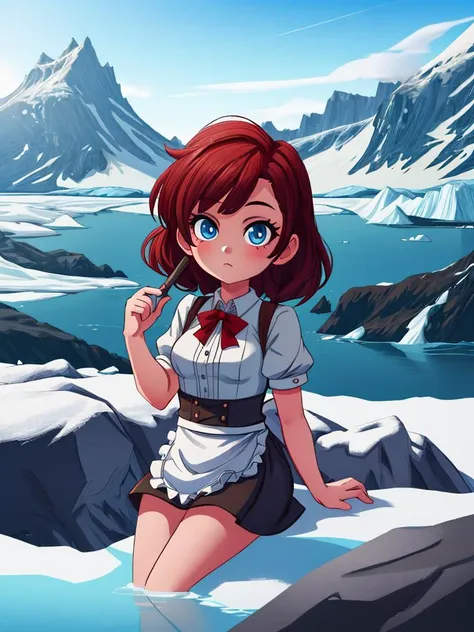 cowboy shot, 1girl, iceland, glaciar, cliff, boulder, outdoors, sitting on a rock, <lora:more_details:0.5>, maid, nordic,, masterpiece,absurdres,highres,best quality,detailed,perfect face,perfect eyes,perfect lighting,
