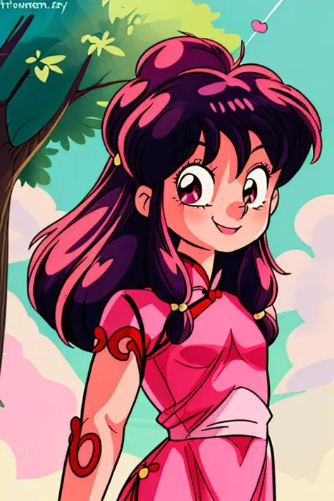 AS-YoungV2, full body, <lora:ranma_shampoo_1_2:1> 1girl, natural lighting, rm_shampu, upper body, looking at viewer, pink chinese dress, smile, <lora:more_details:1> small head