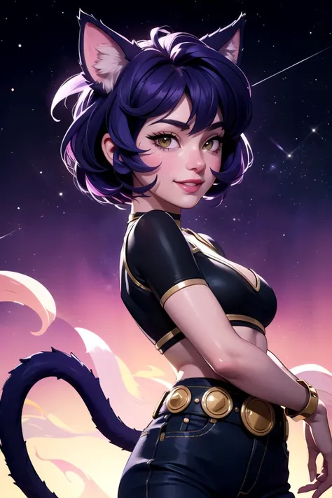 ((Cinematic light, Best quality, 8k, Masterpiece :1.3)), 1girl, Beautiful woman with thin abs :1.4, (purple hair, small breasts :1.3), rope panties, bra :1.2, hopefully falling, seductive open lips, sofa, ultra-detailed face, detailed eyes, double eyelidwork, best quality, Neeko, hair ornaments, hair flower, body paint, calango tail, trying to be sexy,(( golden reverse bunnysuit)),  showing sweaty armpits, steamy, sexual teasing, ((legs spread while squatting to the viewer)), fight position, hands shining purple,