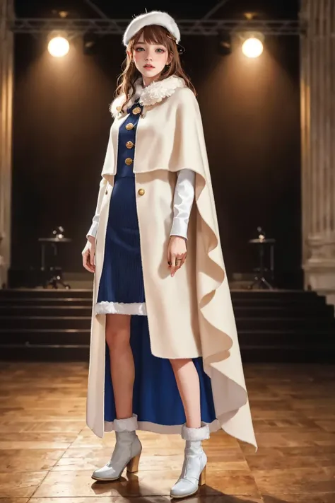 highres,absurdres,masterpiece,best quality,original,extremely detailed CG,extremely detailed wallpaper,perfect lighting,standing on the stage,looking at viewer,1girl,blurry background,bare hands,
<lora:l00s3c4p3:0.7> l00s3c4p3,white coat,cape,fur trim,white beret hat,