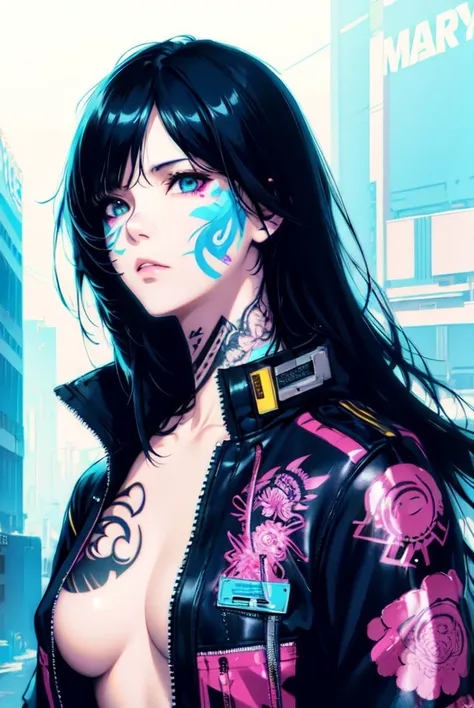 (photorealistic:1.3), masterpiece, best quality, (intricate details:1.2), (scenery:1.3), solo, face focus, (close up:0.8), ultra highres, right anatomy, detailed skin, beautiful face,
1 girl, topless girl in patterned jacket, jacket covering breasts, look at viewer, detailed eyes, (face tattoo:1.2), (tattoo), dynamic angle,
rainy cyberpunk street,
(ink wash), chaos,
(HyperStylizeV6:0.22),