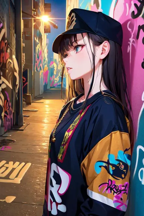 <(photorealistic:1.3), (intricate details:1.2), small head>, upper body, (scenery:1.3), (hiphop clothes:1.3), solo focus, cinematic angle, pose variation, 1girl, expression face, parted lips, [navy eyes|blue eyes], black + long hair, hiphop, subway, alley, street fashion, (Grafiti:1.48), BREAK, <teenager, ultra high res, 8k uhd, dslr, film grain, perfect anatomy, detailed skin>,