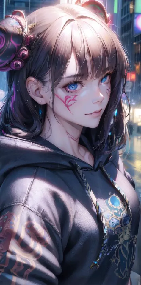 (photorealistic:1.3), masterpiece, best quality, (intricate details:1.2), (scenery:1.3), solo, face focus, close up, ultra high res, right anatomy, detailed skin, beautiful face,
1 girl, girl in patterned hoodie, detailed anime eyes, (look at veiwer:1.2), face tattoo,
rainy city street, cyberpunk,
(ink splash), chaos, light flow,
(HyperStylizeV6:0.2),
Steps: 20, Sampler: DPM++ 2M Karras, CFG scale: 7, Seed: 3876319325, Size: 400x800, Model hash: fbe4c92820, Model: 03032124, Denoising strength: 0.5, ENSD: 31337, Hires upscale: 1.25, Hires steps: 20, Hires upscaler: Latent