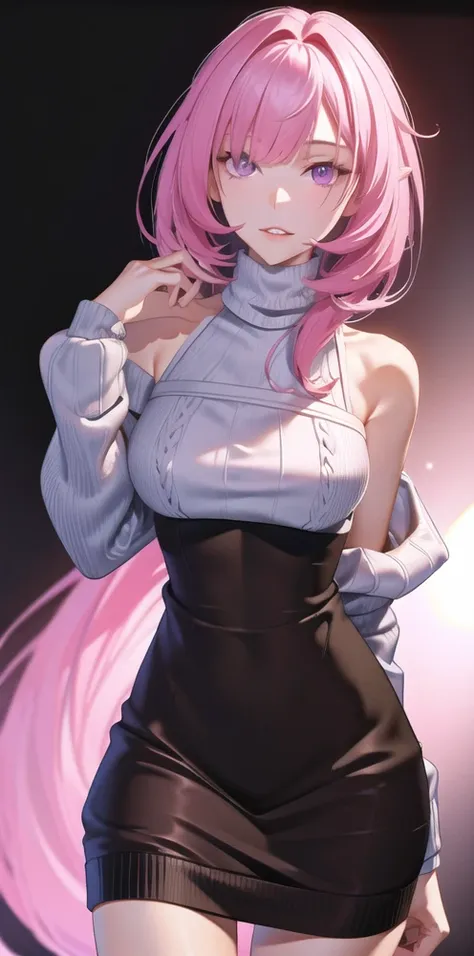 <(photorealistic:1.3), (intricate details:1.2), small head>, hair over one eye, sweater, short and long hair, turtleneck, pink hair, gray sweater, fingernails, cowboy shot, off shoulder, turtleneck sweater, long sleeves, bare shoulders, ribbed sweater, sleeves past wrists, bangs, arm behind back, purple eyes, hand up, sweater dress, BREAK, <teenager, ultra high res, 8k uhd, dslr, film grain, perfect anatomy, detailed skin>, solo focus, looking at viewer, parted lips, 1girl, collarbone,