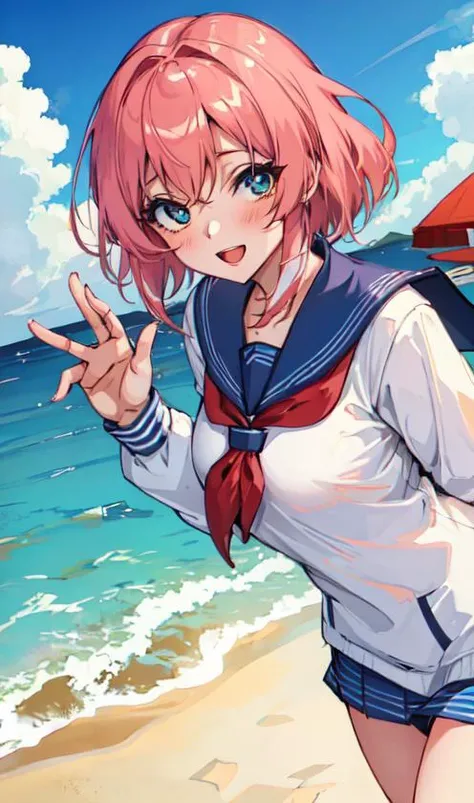 masterpiece, best quality, girl, light blush, white colored eyelashes, sailor suite, serafuku, waving, five fingers, in summer, on the beach, sea,
thick outline,