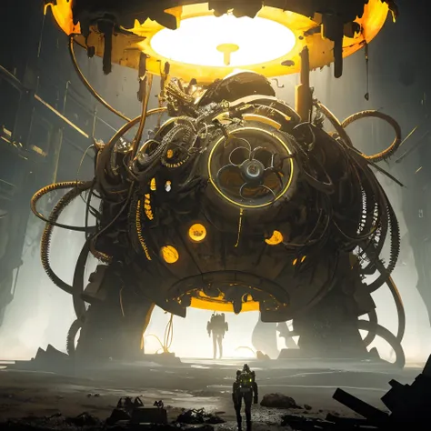 A illustration, digital painting, concept art, scene of Huge octopus cyborg, metallic bone exposed, ((drilling hole)) in abandon area, scary mode, yellow eyes glowing, fantasy, hyperrealistic, artstation, expansive, sci-fi, insanely complex, detailed, colorgrading, neon, 8k, HD, highly detailed, volumetric lighting, hard shadows, cinematic lighting, glowing light