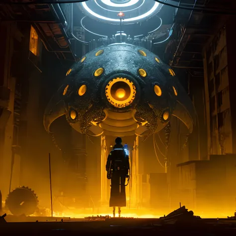 A illustration, digital painting, concept art, scene of Huge octopus cyborg, metallic bone exposed, ((drilling hole)) in abandon area, scary mode, yellow eyes glowing, fantasy, hyperrealistic, artstation, expansive, sci-fi, insanely complex, detailed, colorgrading, ((helicopter shot)),neon, 8k, HD, highly detailed, volumetric lighting, hard shadows, cinematic lighting, glowing light