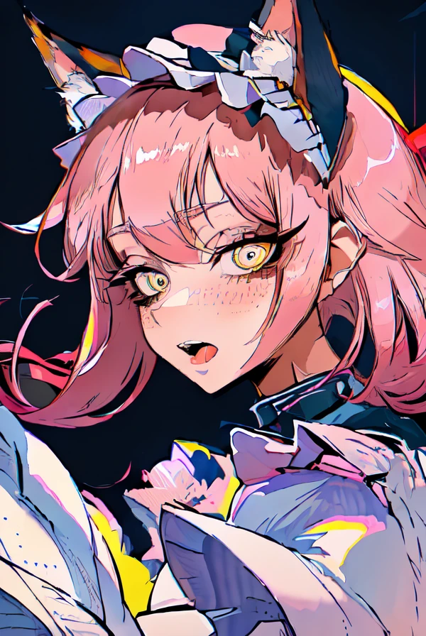 ultra resolution,
(photorealistic:1.3),
1 (slim:1.2) girl, solo, close up,
the girl is taking a selfie, look at viewer,
(the girl open her mouth), (tongue out), (look at viewer), (blush:1.2),
(the girl has a young face),
the girl wears as a maid, maid headdress, the girl has (cat ears)