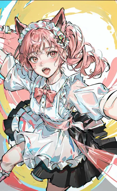 ultra resolution,
(photorealistic:1.3),
1 (slim:1.2) girl, solo, close up,
the girl is taking a selfie, look at viewer,
(the girl open her mouth), (tongue out:0.8), (fangs), (look at viewer), (blush:1.2),
(the girl has a young face),
the girl wears as a maid, maid headdress, the girl has (cat ears)