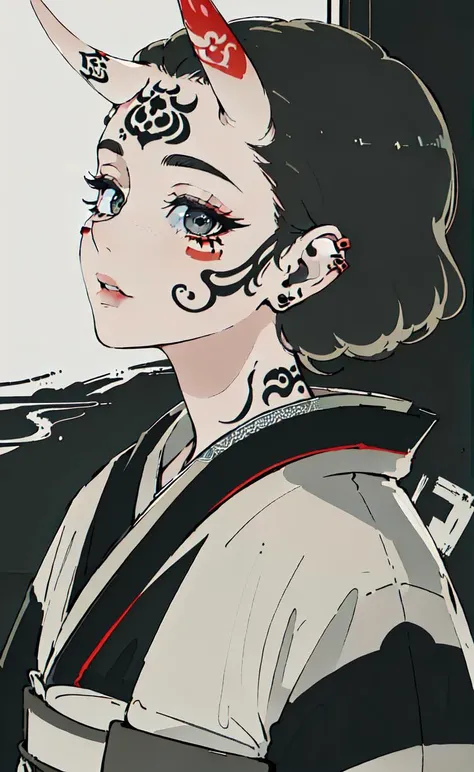 (photorealistic:1.3), masterpiece, best quality, (intricate details:1.2), (scenery:1.3), beautiful face, (black and white theme), ukiyoe,
(((1girl, a girl in patterned kimono, (look at veiwer:1.3), (face tattoo:1.2), small oni horn,
))), full body