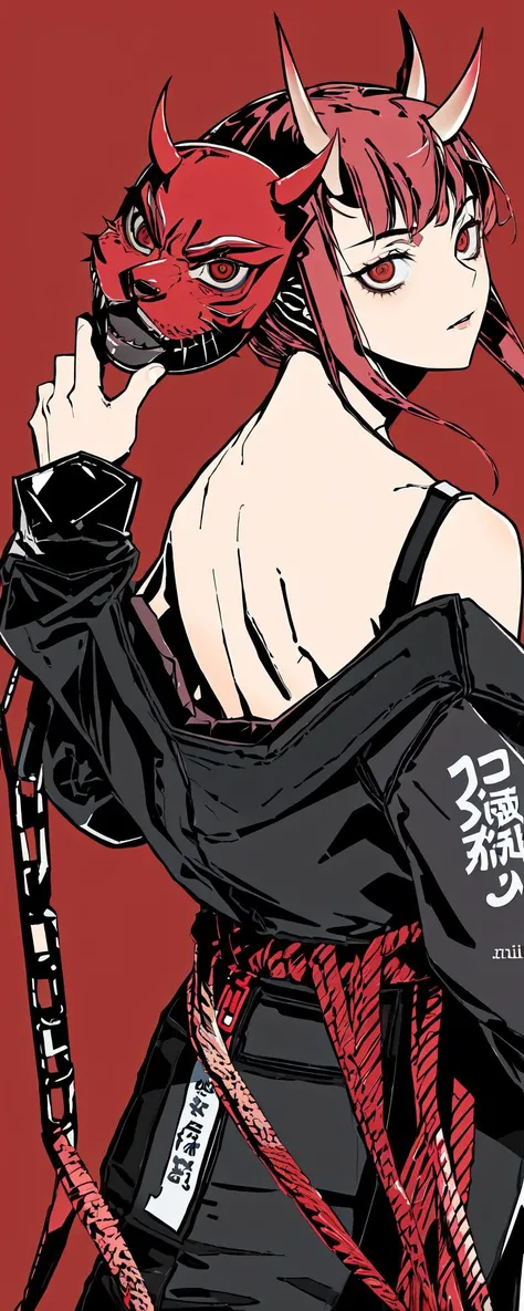 clonion, 1girl, chain, fox_mask, horns, long_sleeves, bare back, bare shoulder, mask_on_head, oni_mask, red_eyes, rope, (simple_background), solo, from_side,
<lora:clonion3-15:1>
<lora:makimaChainsawMan_1:0.5>