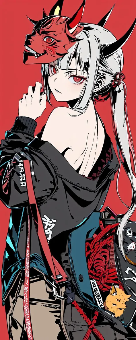clonion, 1girl, chain, fox_mask, horns, long_sleeves, bare back, bare shoulder, mask_on_head, oni_mask, red_eyes, rope, (simple_background), solo, from_side,
<lora:clonion3-15:1>