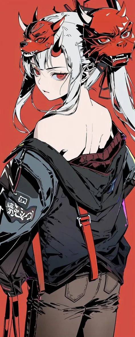 clonion, 1girl, chain, fox_mask, horns, long_sleeves, bare back, mask_on_head, oni_mask, red_eyes, rope, (simple_background), solo, from_side
<lora:clonion3-15:1>