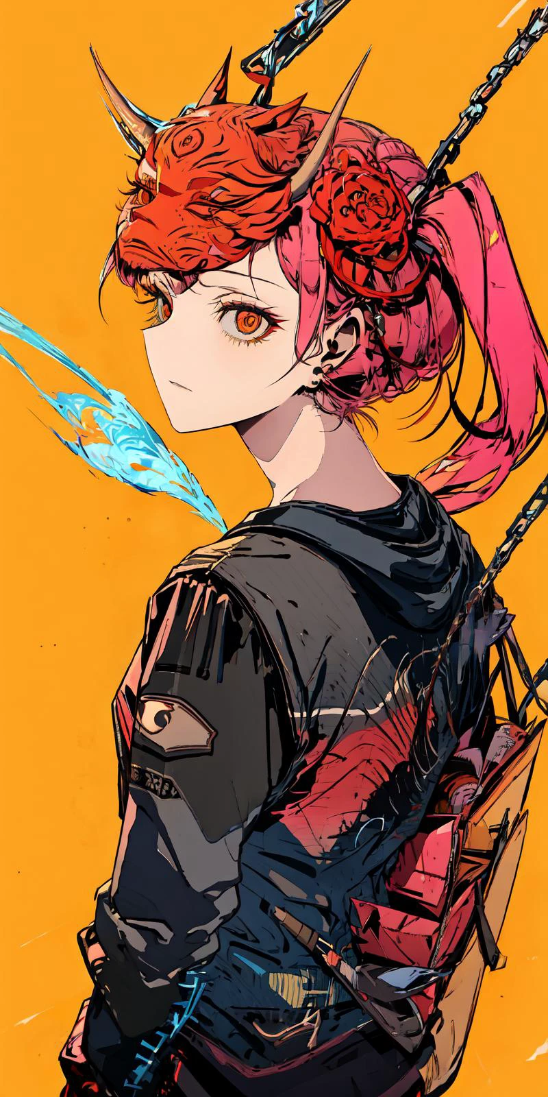 clonion, 1girl, chain, fox_mask, horns, long_sleeves, bare back, mask_on_head, oni_mask, red_eyes, rope, (simple_background), (yellow background:1.2), solo, from_side
<lora:clonion3-15:1>