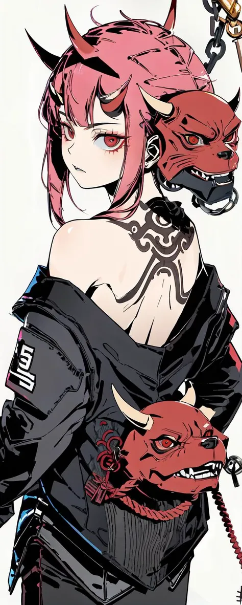 clonion, 1girl, chain, fox_mask, horns, long_sleeves, bare back, bare shoulder, mask_on_head, oni_mask, red_eyes, rope, (simple_background), solo, from_side,
<lora:clonion3-15:1>
