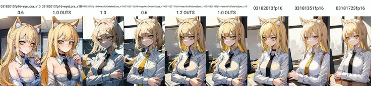 nsfw, masterpiece, (best quality:1.2), (sharp focus:1.2),
1 girl, slim girl,
(blonde|light_yellow hair), cat ears,
detailed face, young|cute face, blush, slightly frown,
natural breasts, thin arms, upper body,
white collared shirt with black tie, black choker,
in a modern office, indoor