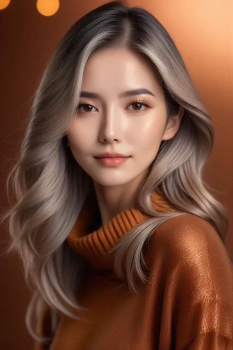 (masterpiece,best quality,detail face, ultra realistic,32k,RAW photo, 8k uhd, dslr, high quality,film gain:1.1),
long hair, grey hair hair:1.1,portrait,lady, brown eyes, Amber Cropped Sweater,
(copper gradient background,led light, simple background)